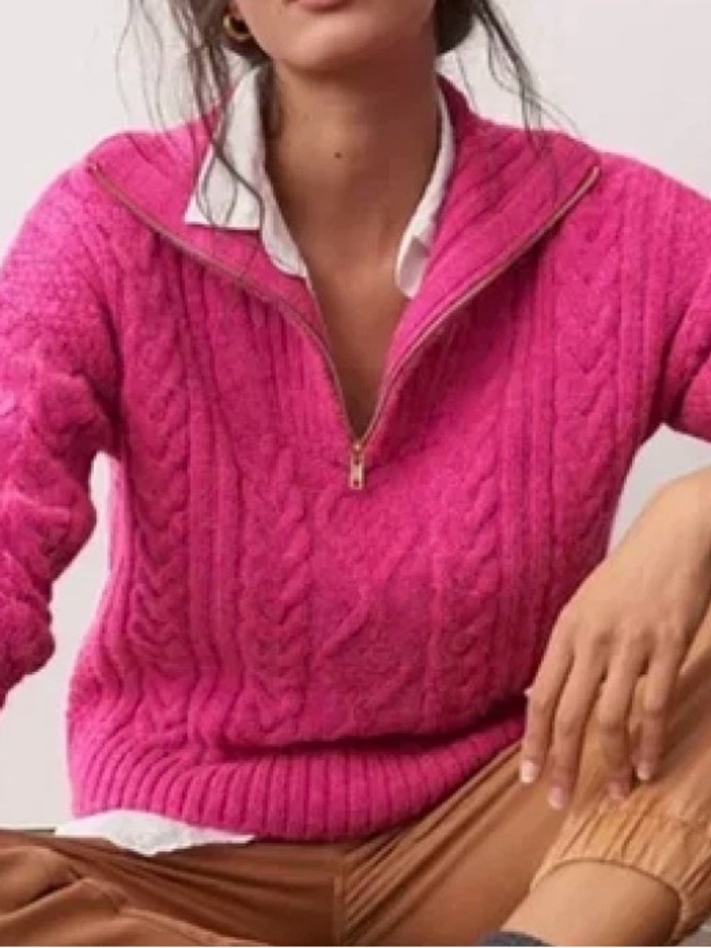 ANTHROPOLOGIE PAYTON CABLE KNIT PULLOVER SWEATER PINK 1/4 ZIP LONG SLEEVE SZ XS